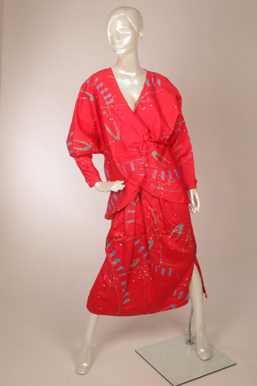 Vintage Marimekko punainen abstraktikuvioinen hame ja jakku M