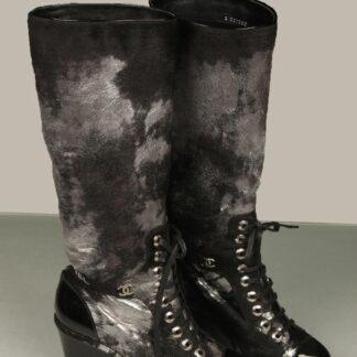 Chanel silver and black pony skin leather wedge base high boots 38