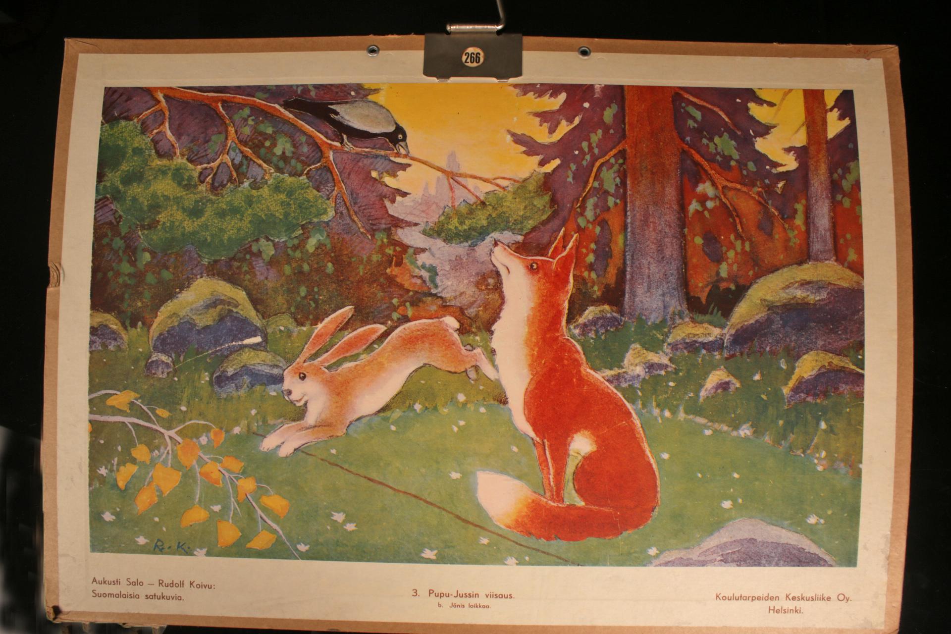 Vintage koulun opetustaulu Aukusti Salo Rudolf Koivu Suomalaisia satukuvia “Pupu-Jussin viisaus” “Jänis loikkaa”